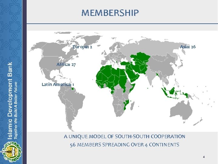 MEMBERSHIP Europe: 2 Asia: 26 Africa: 27 Latin America: 1 A UNIQUE MODEL OF