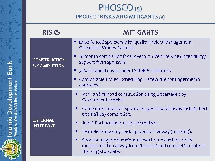 PHOSCO (5) PROJECT RISKS AND MITIGANTS (a) RISKS MITIGANTS § Experienced sponsors with quality