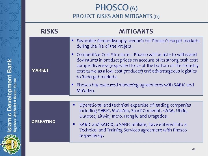 PHOSCO (6) PROJECT RISKS AND MITIGANTS (b) RISKS MITIGANTS § Favorable demand/supply scenario for