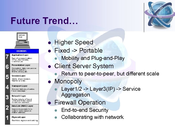 Future Trend… l l Higher Speed Fixed -> Portable l l Client Server System