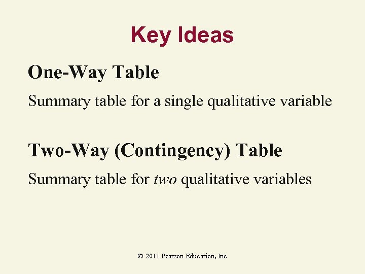 Key Ideas One-Way Table Summary table for a single qualitative variable Two-Way (Contingency) Table