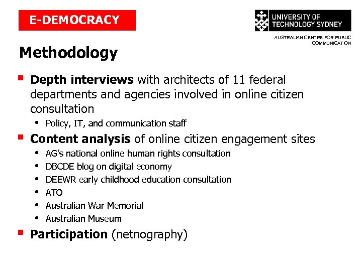 E-DEMOCRACY Methodology § § § AUSTRALIAN CENTRE FOR PUBLIC COMMUNICATION Depth interviews with architects