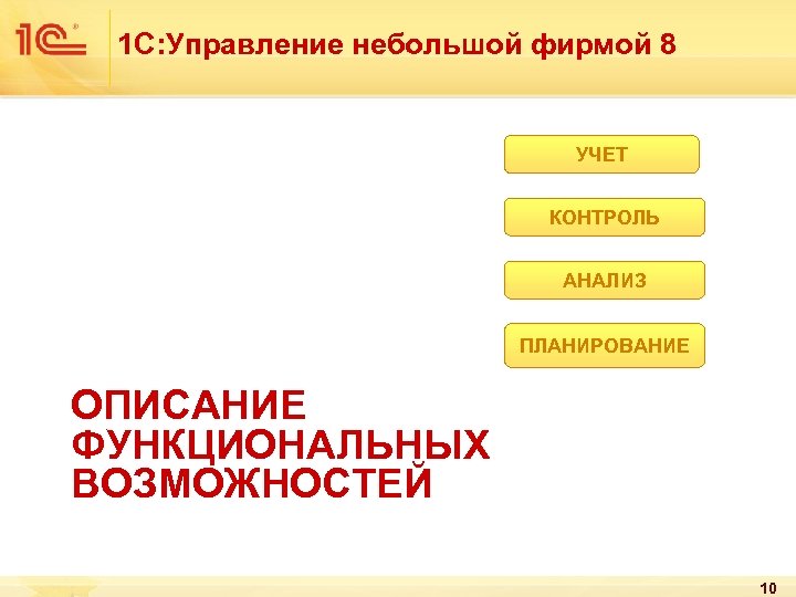 1 С: Управление небольшой фирмой 8 УЧЕТ КОНТРОЛЬ АНАЛИЗ ПЛАНИРОВАНИЕ ОПИСАНИЕ ФУНКЦИОНАЛЬНЫХ ВОЗМОЖНОСТЕЙ 10