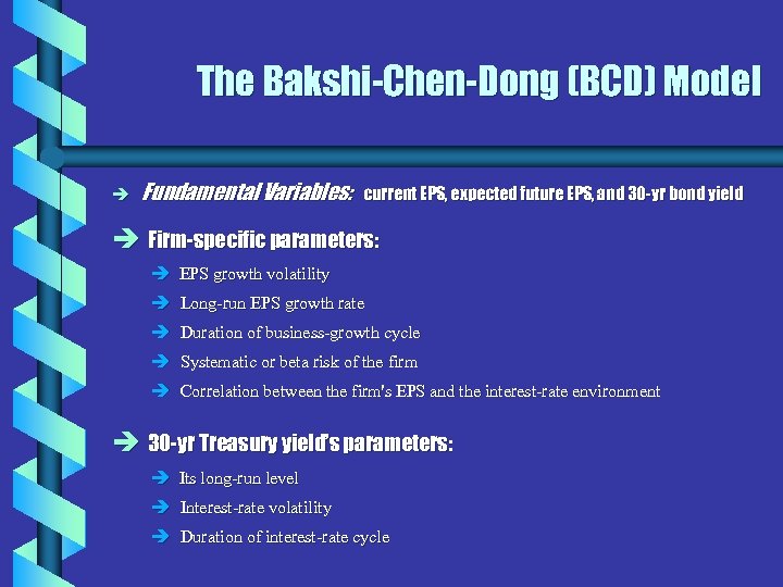 The Bakshi-Chen-Dong (BCD) Model è Fundamental Variables: current EPS, expected future EPS, and 30