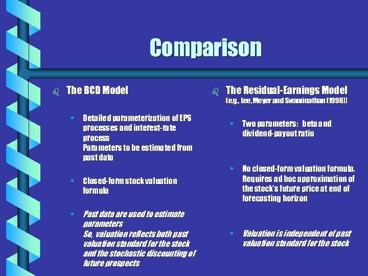 Comparison b The BCD Model • Detailed parameterization of EPS processes and interest-rate process