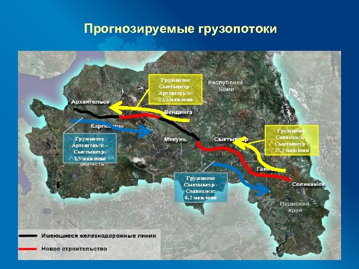 Прогнозируемые грузопотоки Грузопоток Сыктывкар Архангельск: 22, 2 млн. тонн Грузопоток Соликамск – Сыктывкар :