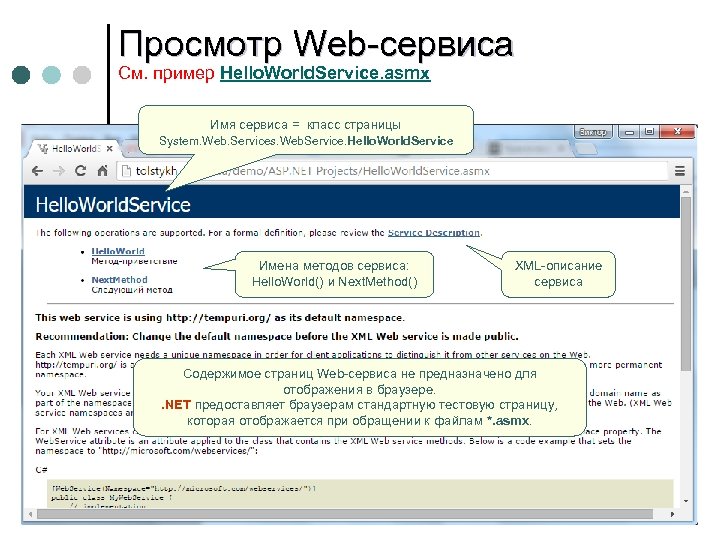 Просмотр Web-сервиса См. пример Hello. World. Service. asmx Имя сервиса = класс страницы System.