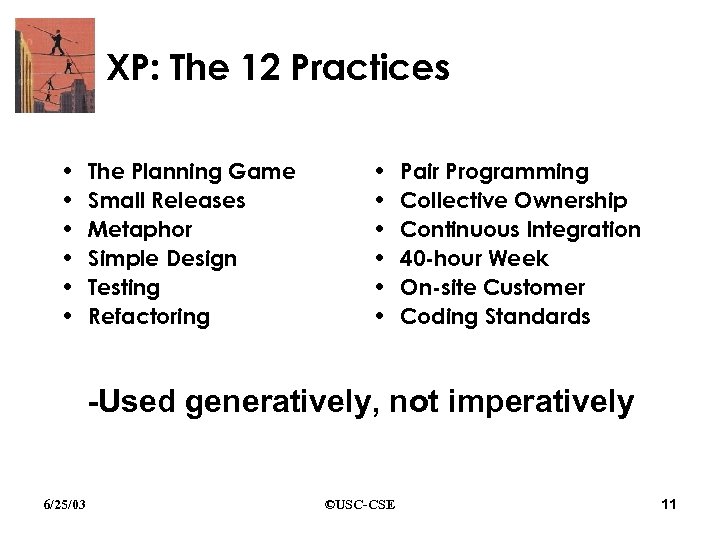 XP: The 12 Practices • • • The Planning Game Small Releases Metaphor Simple