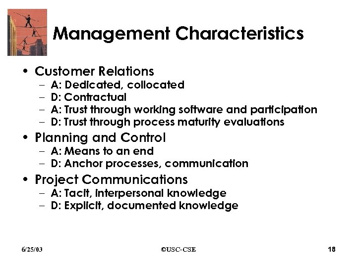 Management Characteristics • Customer Relations – – A: Dedicated, collocated D: Contractual A: Trust