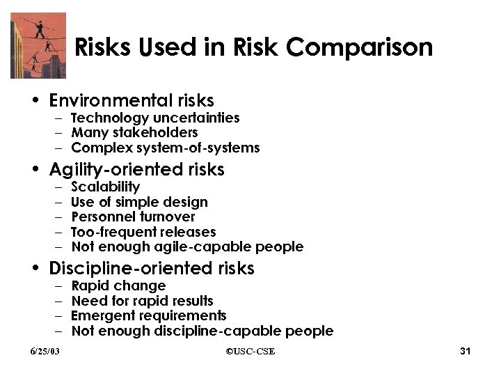 Risks Used in Risk Comparison • Environmental risks – Technology uncertainties – Many stakeholders