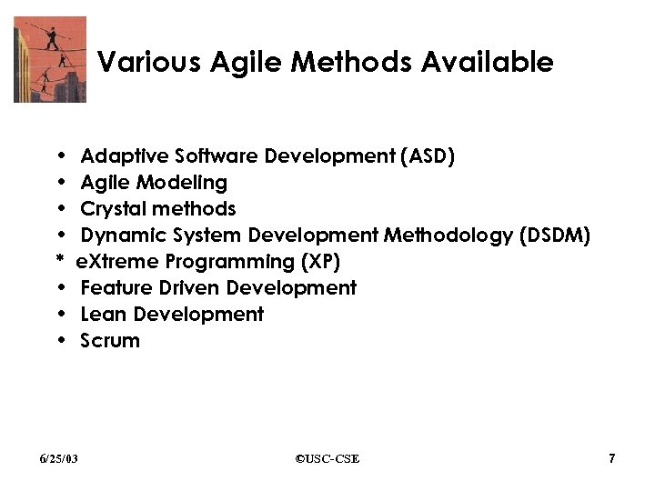 Various Agile Methods Available • • * • • • Adaptive Software Development (ASD)