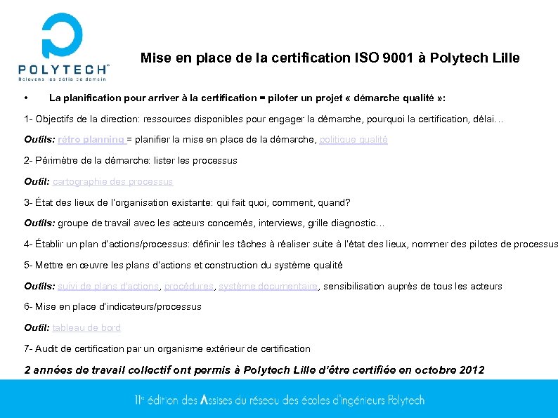 Mise en place de la certification ISO 9001 à Polytech Lille • La planification