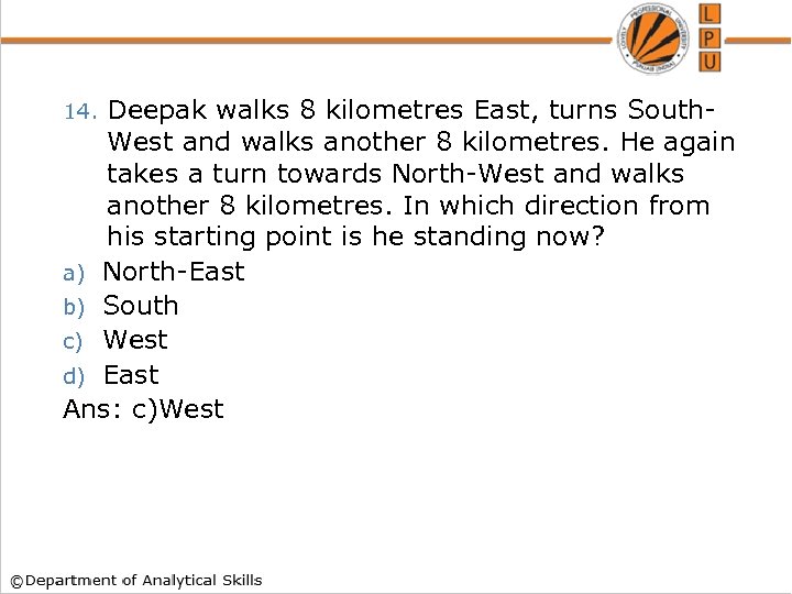 Deepak walks 8 kilometres East, turns South. West and walks another 8 kilometres. He