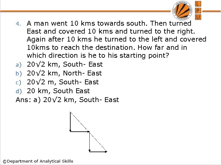 A man went 10 kms towards south. Then turned East and covered 10 kms