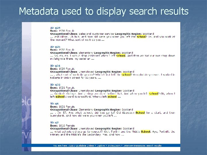 Metadata used to display search results 28 