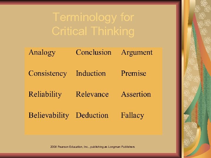 Terminology for Critical Thinking 2008 Pearson Education, Inc. , publishing as Longman Publishers 