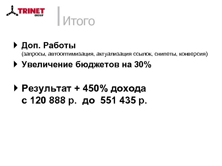 Итого } Доп. Работы (запросы, автооптимизация, актуализация ссылок, снипеты, конверсия) } Увеличение бюджетов на