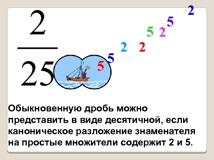 5 5 2 2 52 5 2 Обыкновенную дробь можно представить в виде десятичной,