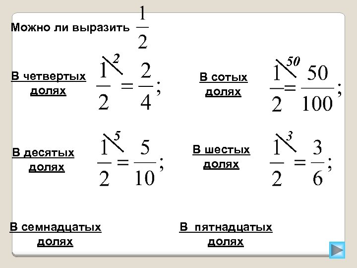 Можно ли выразить 2 В четвертых долях В сотых долях 5 В десятых долях