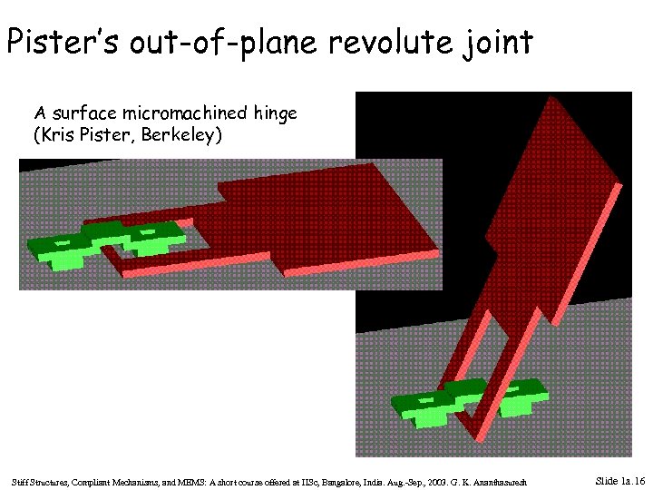 Pister’s out-of-plane revolute joint A surface micromachined hinge (Kris Pister, Berkeley) Stiff Structures, Compliant