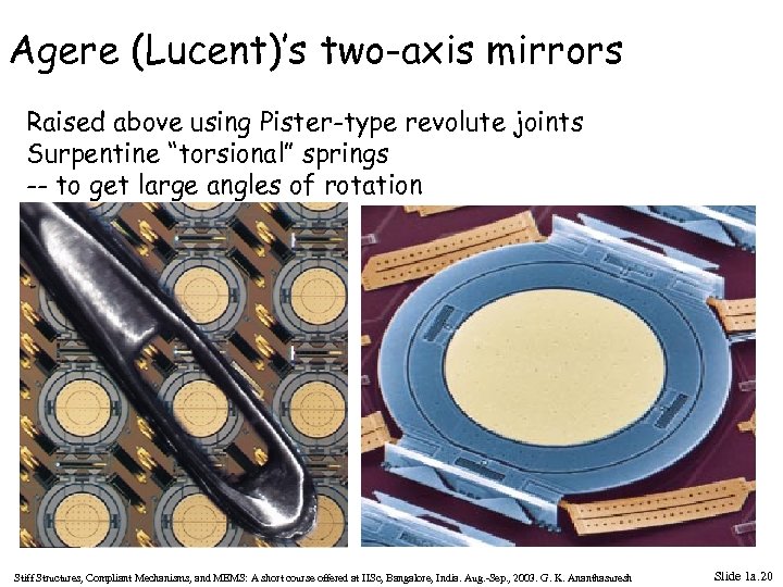 Agere (Lucent)’s two-axis mirrors Raised above using Pister-type revolute joints Surpentine “torsional” springs --