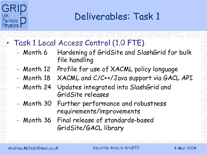 Deliverables: Task 1 • Task 1 Local Access Control (1. 0 FTE) – Month