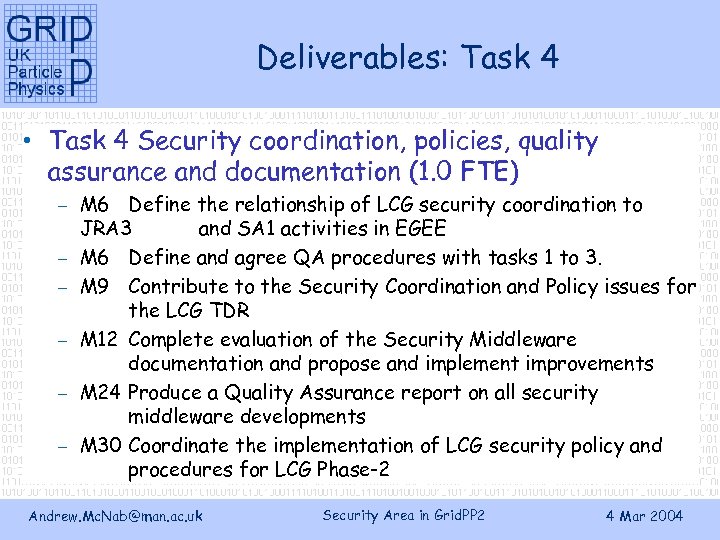 Deliverables: Task 4 • Task 4 Security coordination, policies, quality assurance and documentation (1.