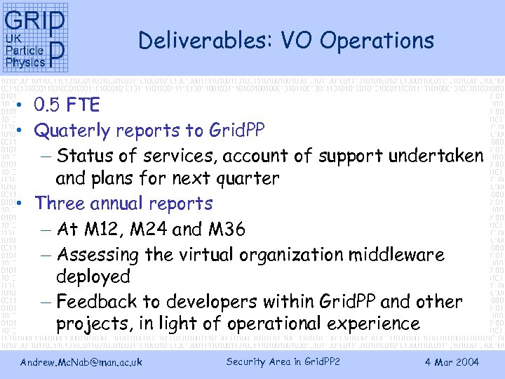 Deliverables: VO Operations • 0. 5 FTE • Quaterly reports to Grid. PP –