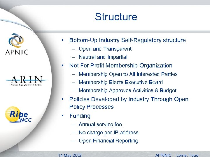 Structure • Bottom-Up Industry Self-Regulatory structure – Open and Transparent – Neutral and Impartial