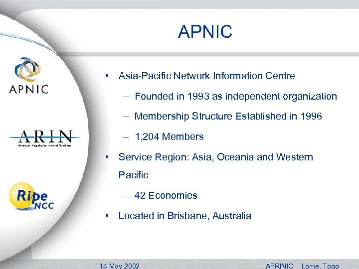 APNIC • Asia-Pacific Network Information Centre – Founded in 1993 as independent organization –
