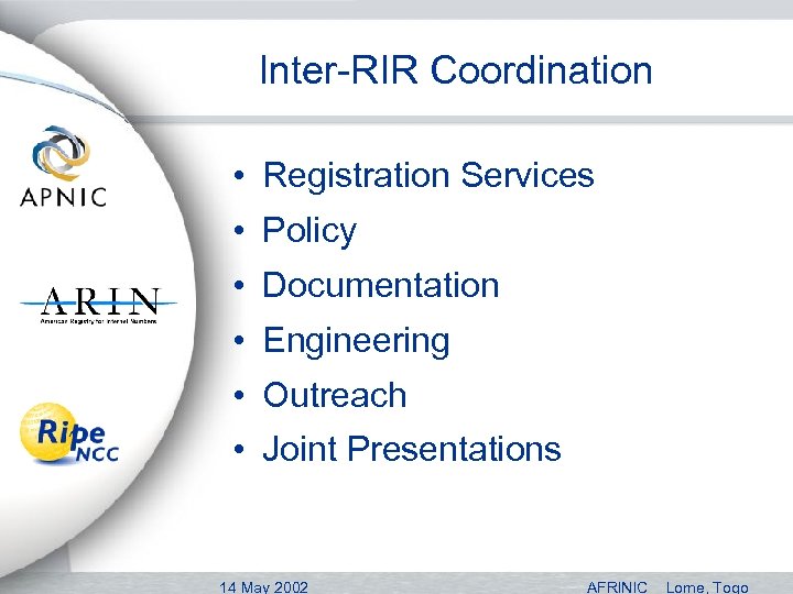 Inter-RIR Coordination • Registration Services • Policy • Documentation • Engineering • Outreach •