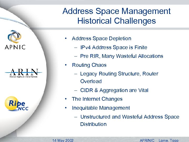 Address Space Management Historical Challenges • Address Space Depletion – IPv 4 Address Space