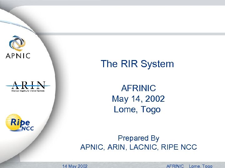The RIR System AFRINIC May 14, 2002 Lome, Togo Prepared By APNIC, ARIN, LACNIC,
