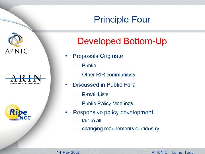 Principle Four Developed Bottom-Up • Proposals Originate – Public – Other RIR communities •