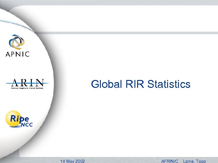 Global RIR Statistics 14 May 2002 AFRINIC Lome, Togo 