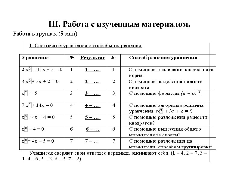 III. Работа с изученным материалом. Работа в группах (9 мин) 