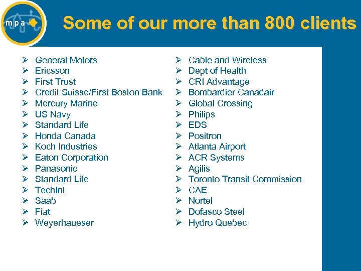 Some of our more than 800 clients Ø Ø Ø Ø General Motors Ericsson