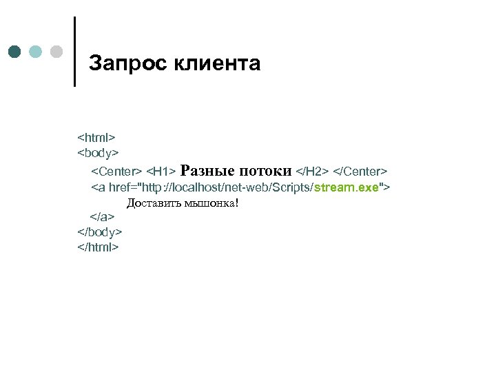 Запрос клиента <html> <body> <Center> <H 1> Разные потоки </H 2> </Center> <a href="http: