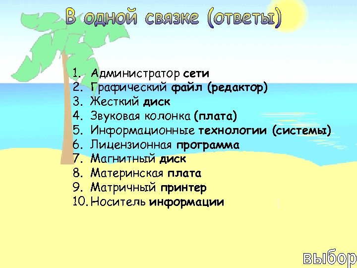 1. Администратор сети 2. Графический файл (редактор) 3. Жесткий диск 4. Звуковая колонка (плата)