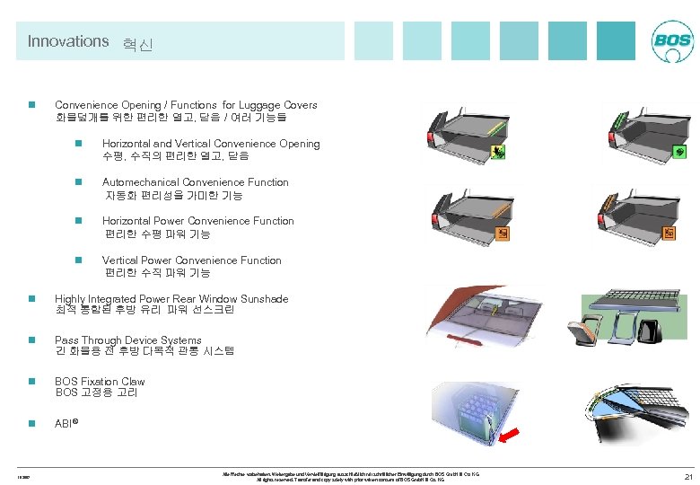 Innovations 혁신 n Convenience Opening / Functions for Luggage Covers 화물덮개를 위한 편리한 열고,