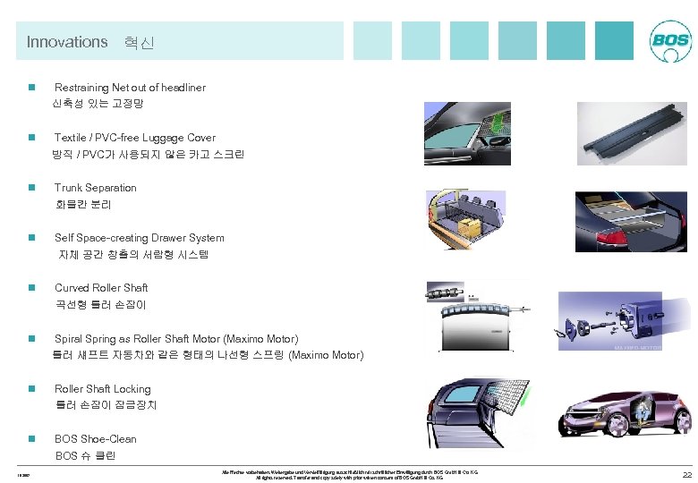 Innovations 혁신 n Restraining Net out of headliner 신축성 있는 고정망 n Textile /