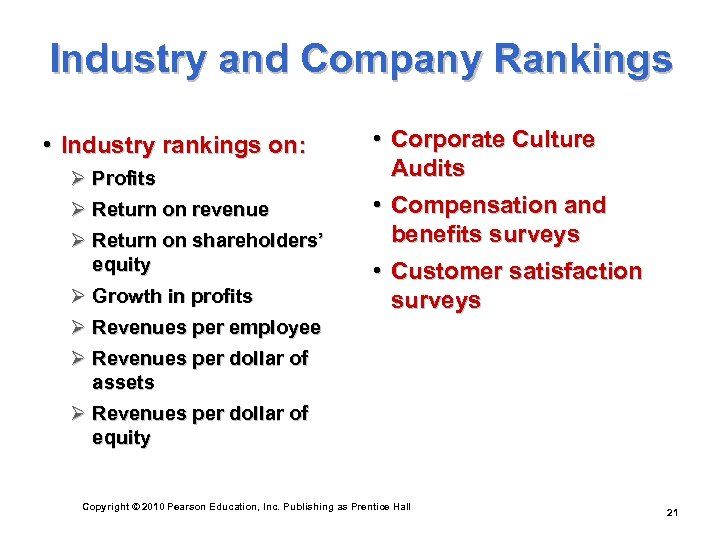 Industry and Company Rankings • Industry rankings on: Ø Profits Ø Return on revenue