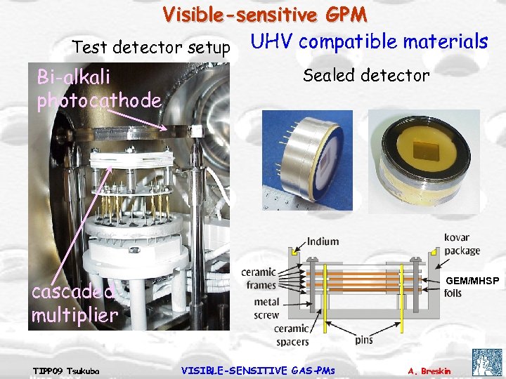 Visible-sensitive GPM Test detector setup UHV compatible materials Bi-alkali photocathode Sealed detector GEM/MHSP cascaded