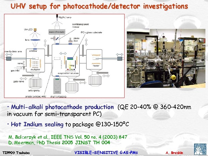 UHV setup for photocathode/detector investigations • Multi-alkali photocathode production (QE 20 -40% @ 360