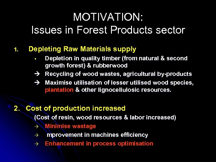 MOTIVATION: Issues in Forest Products sector 1. Depleting Raw Materials supply Depletion in quality