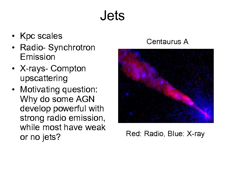 Jets • Kpc scales • Radio- Synchrotron Emission • X-rays- Compton upscattering • Motivating