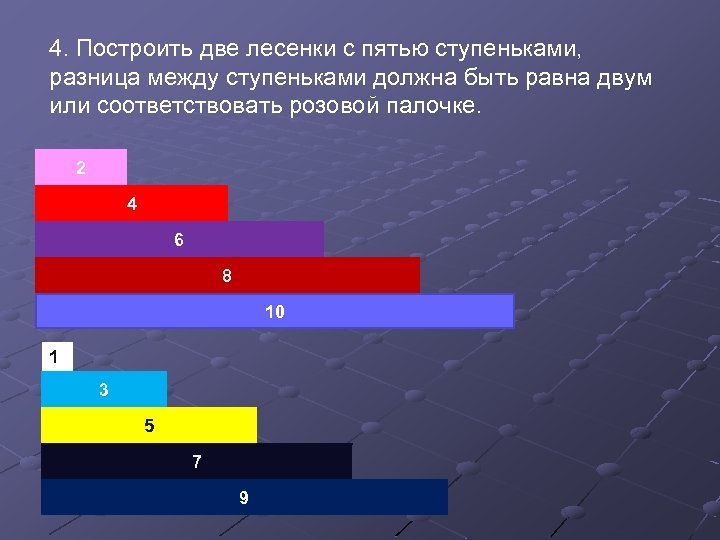 4. Построить две лесенки с пятью ступеньками, разница между ступеньками должна быть равна двум