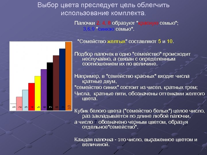Выбор цвета преследует цель облегчить использование комплекта. Палочки 2, 4, 8 образуют "красную семью";