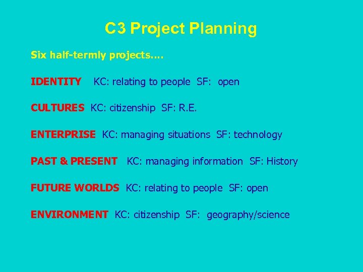 C 3 Project Planning Six half-termly projects…. IDENTITY KC: relating to people SF: open