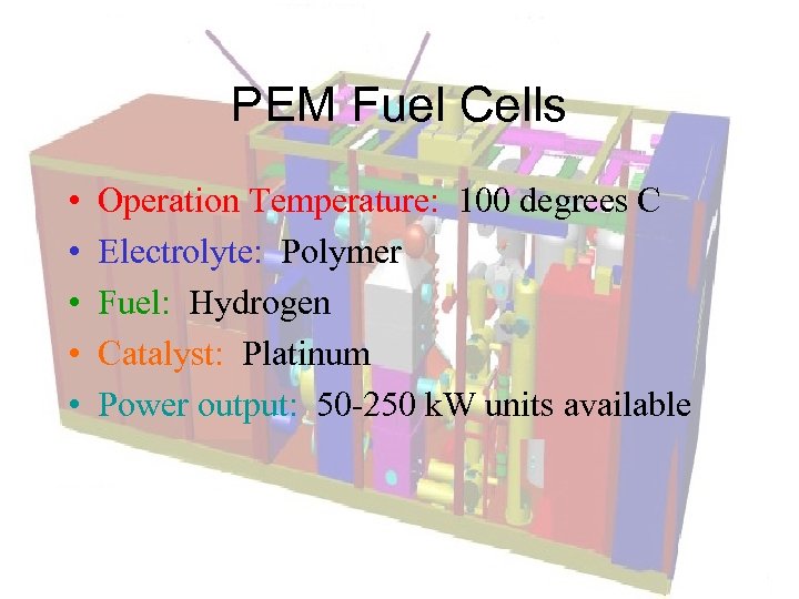 PEM Fuel Cells • • • Operation Temperature: 100 degrees C Electrolyte: Polymer Fuel: